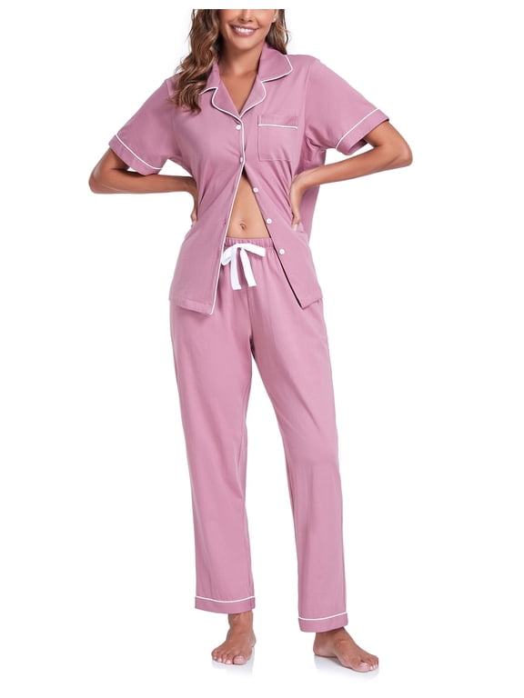 Women's 100% Cotton Pajama Set Button Down Short Sleeve Shirt and Long Pants Sleepwear Soft ladies Lounge Sets(Dusty Rose, M)