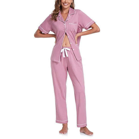 ANLIQI Women's 100% Cotton Pajama Set Button Down Short Sleeve Shirt and Long Pants Sleepwear Soft ladies Lounge Sets(Dusty Rose, S)