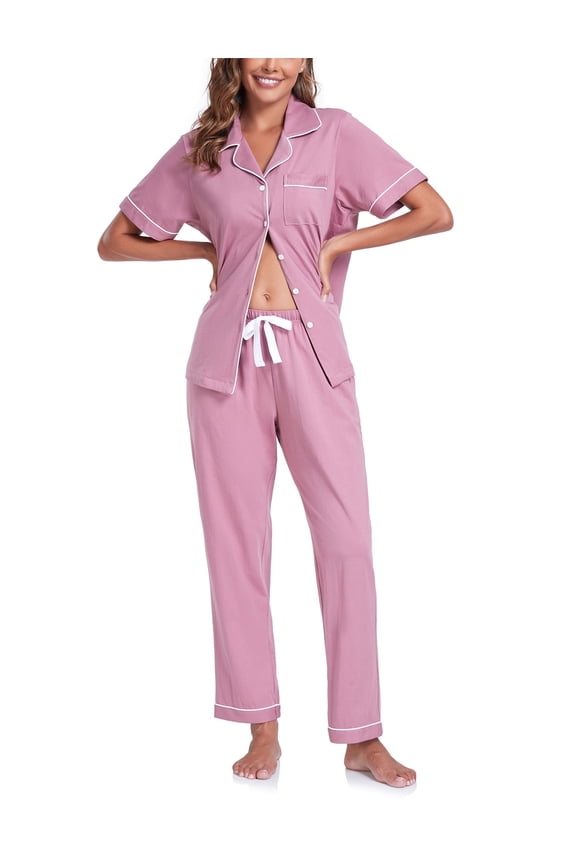 Women's 100% Cotton Pajama Set Button Down Short Sleeve Shirt and Long Pants Sleepwear Soft ladies Lounge Sets(Dusty Rose, S)