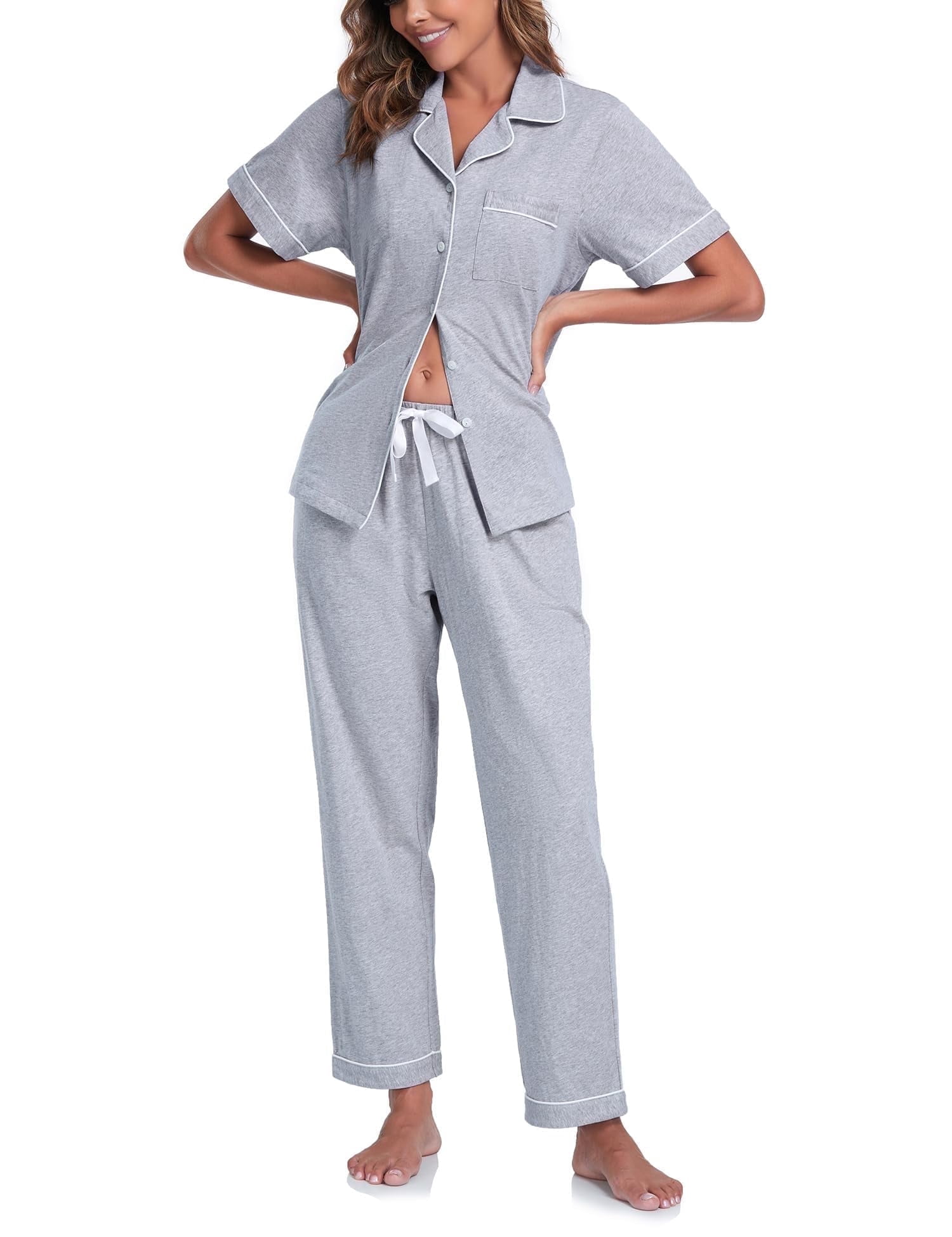 Women's 100% Cotton Pajama Set Button Down Short Sleeve Shirt and Long Pants Sleepwear Soft ladies Lounge Sets(Grey, L)