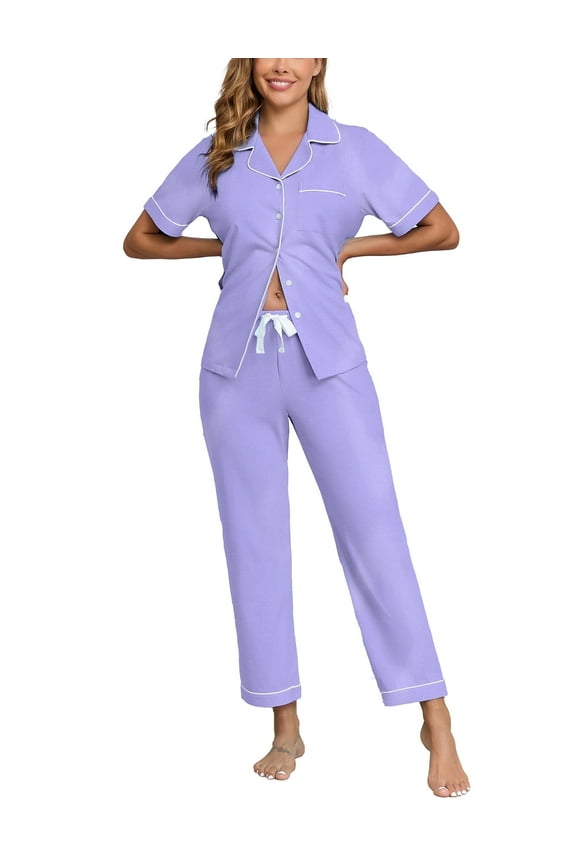 Women's 100% Cotton Pajama Set Button Down Short Sleeve Shirt and Long Pants Sleepwear Soft ladies Lounge Sets(Lavender, S)