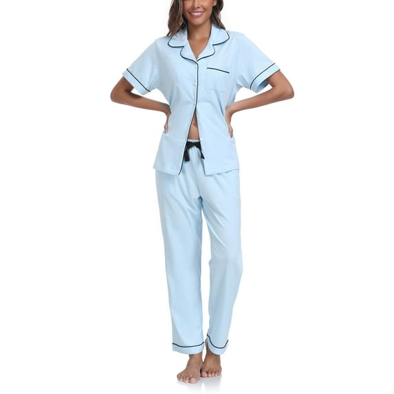 ANLIQI Women's 100% Cotton Pajama Set Button Down Short Sleeve Shirt and Long Pants Sleepwear Soft ladies Lounge Sets(Light Blue, L)