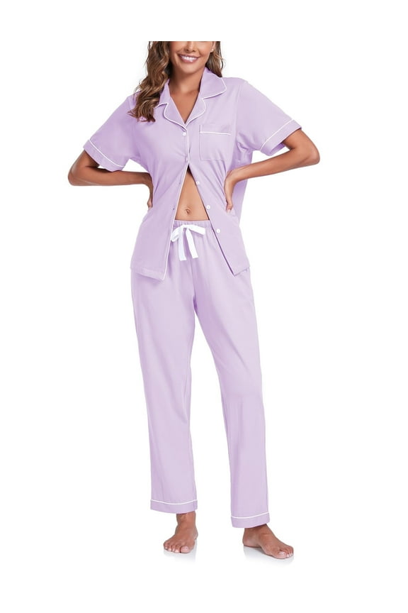 Women's 100% Cotton Pajama Set Button Down Short Sleeve Shirt and Long Pants Sleepwear Soft ladies Lounge Sets(Light Purple, XL)