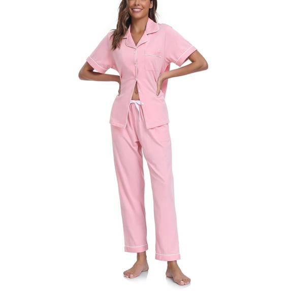 ANLIQI Women's 100% Cotton Pajama Set Button Down Short Sleeve Shirt and Long Pants Sleepwear Soft ladies Lounge Sets(Pink, L)