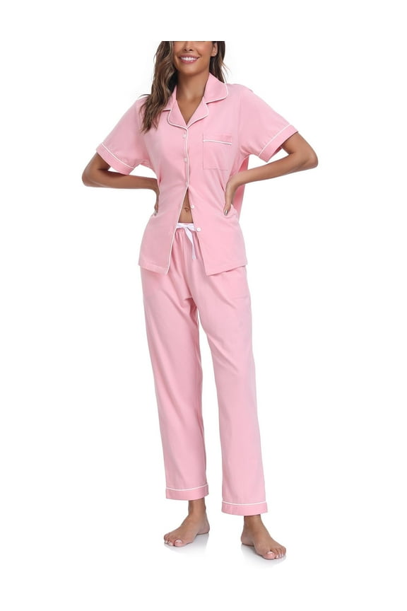 Women's 100% Cotton Pajama Set Button Down Short Sleeve Shirt and Long Pants Sleepwear Soft ladies Lounge Sets(Pink, L)