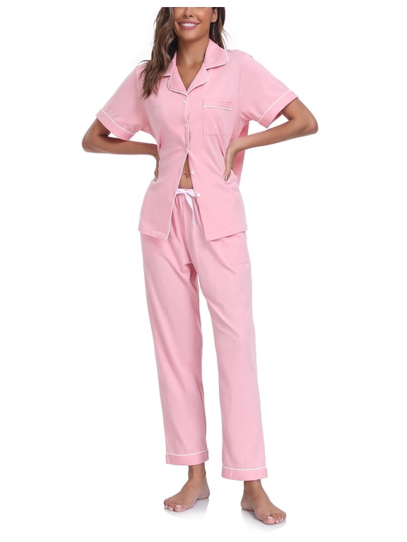 Women's 100% Cotton Pajama Set Button Down Short Sleeve Shirt and Long Pants Sleepwear Soft ladies Lounge Sets(Pink, M)