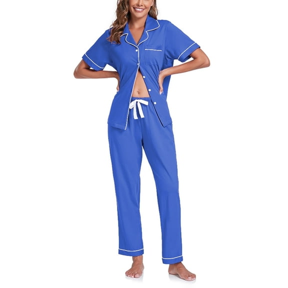 ANLIQI Women's 100% Cotton Pajama Set Button Down Sleepwear Short Sleeve Shirt and Long Pants Soft ladies Lounge Sets(Blue,S)