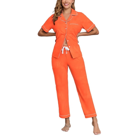 ANLIQI Women's 100% Cotton Pajama Set Button Down Sleepwear Short Sleeve Shirt and Long Pants Soft ladies Lounge Sets(Coral Orange,2XL)
