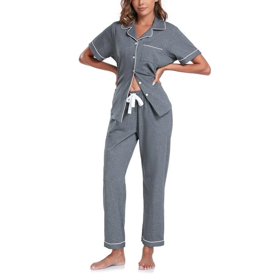 ANLIQI Women's 100% Cotton Pajama Set Button Down Sleepwear Short Sleeve Shirt and Long Pants Soft ladies Lounge Sets(Dark Grey,M)