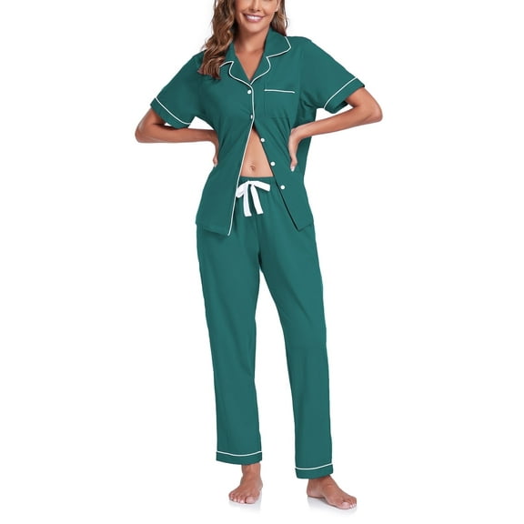 ANLIQI Women's 100% Cotton Pajama Set Button Down Sleepwear Short Sleeve Shirt and Long Pants Soft ladies Lounge Sets(Green, XL)