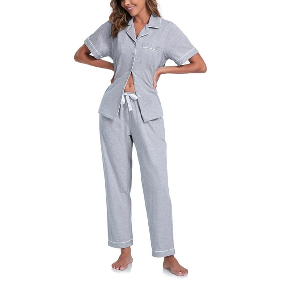 ANLIQI Women's 100% Cotton Pajama Set Button Down Sleepwear Short Sleeve Shirt and Long Pants Soft ladies Lounge Sets(Grey, 2XL)