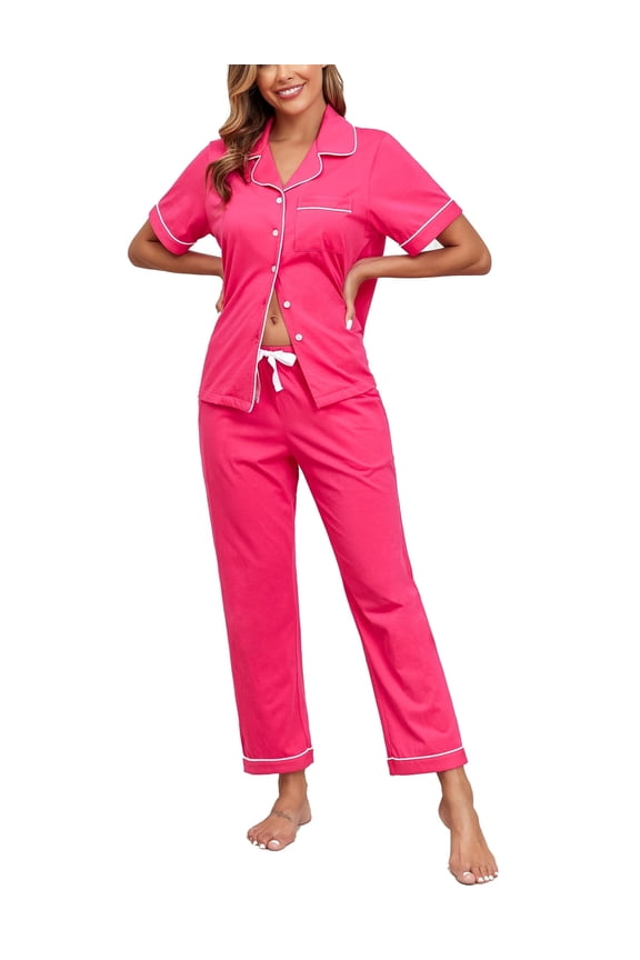 Women's 100% Cotton Pajama Set Button Down Sleepwear Short Sleeve Shirt and Long Pants Soft ladies Lounge Sets(Hot Pink,M)