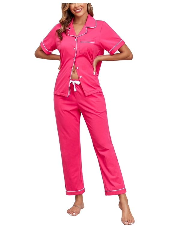 Women's 100% Cotton Pajama Set Button Down Sleepwear Short Sleeve Shirt and Long Pants Soft ladies Lounge Sets(Hot Pink,S)