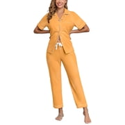 ANLIQI Women's 100% Cotton Pajama Set Button Down Sleepwear Short Sleeve Shirt and Long Pants Soft ladies Lounge Sets(Marigold,M)