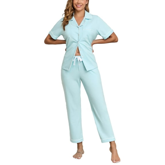 ANLIQI Women's 100% Cotton Pajama Set Button Down Sleepwear Short Sleeve Shirt and Long Pants Soft ladies Lounge Sets(Sea Salt Blue,L)