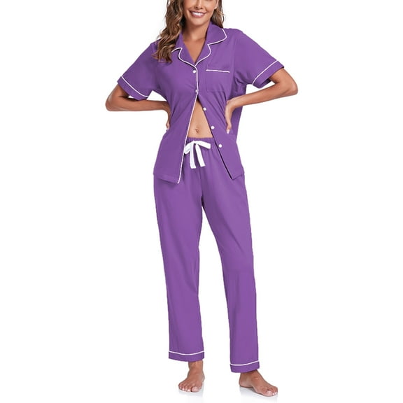 ANLIQI Women's 100% Cotton Pajama Set Button Down Sleepwear Short Sleeve Shirt and Long Pants Soft ladies Lounge Sets(Violet, S)