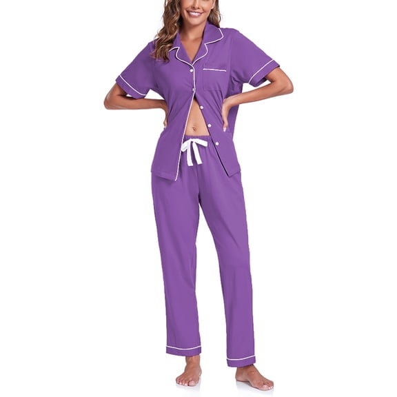ANLIQI Women's 100% Cotton Pajama Set Button Down Sleepwear Short Sleeve Shirt and Long Pants Soft ladies Lounge Sets(Violet, XL)