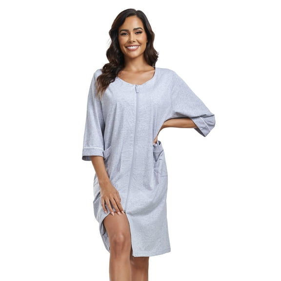 ANLIQI Women's 100% Cotton Robe Lightweight 3/4 Sleeve Zip Front Robes Soft Knee Length Bathrobe Housecoat(Grey,L)