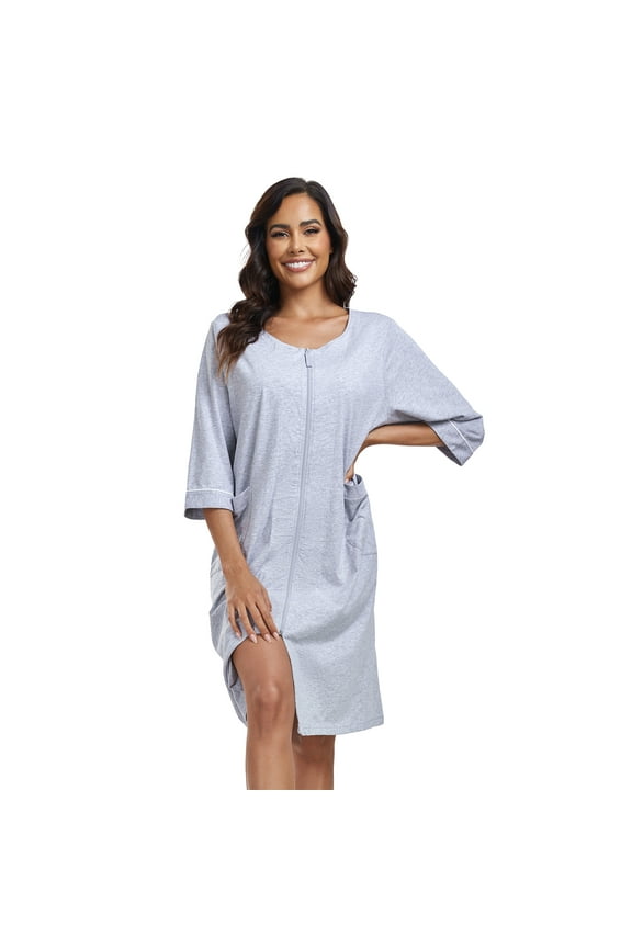 Women's 100% Cotton Robe Lightweight 3/4 Sleeve Zip Front Robes Soft Knee Length Bathrobe Housecoat(Grey,M)