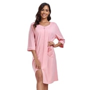 ANLIQI Women's 100% Cotton Robe Lightweight 3/4 Sleeve Zip Front Robes Soft Knee Length Bathrobe Housecoat(Pink,M)