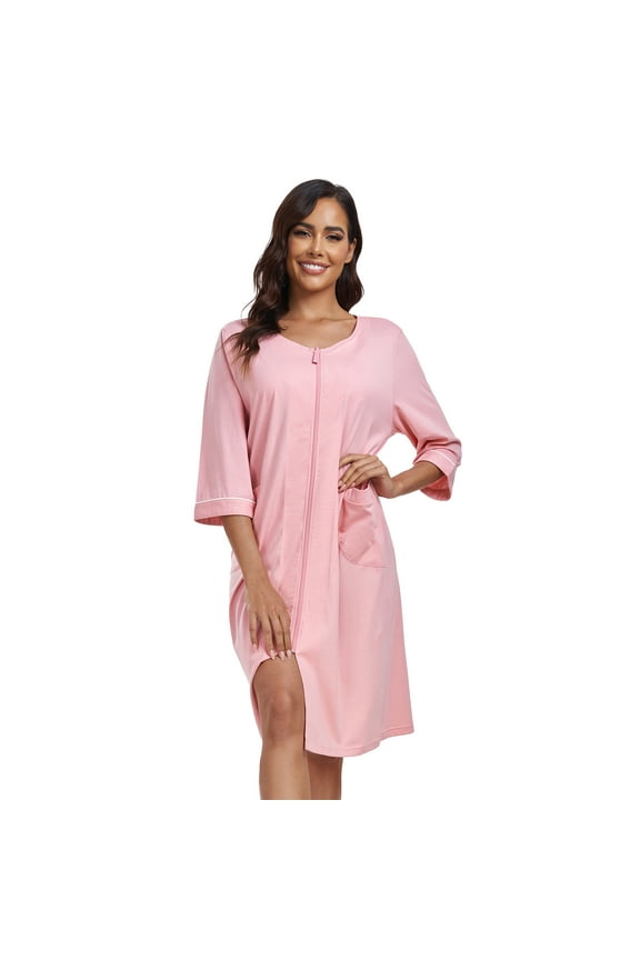 Women's 100% Cotton Robe Lightweight 3/4 Sleeve Zip Front Robes Soft Knee Length Bathrobe Housecoat(Pink,M)