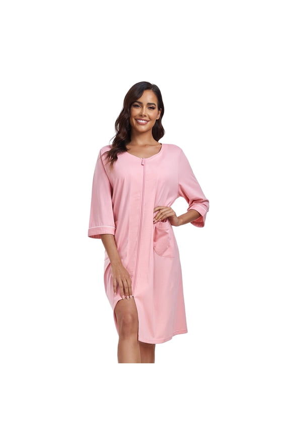Women's 100% Cotton Robe Lightweight 3/4 Sleeve Zip Front Robes Soft Knee Length Bathrobe Housecoat(Pink,S)