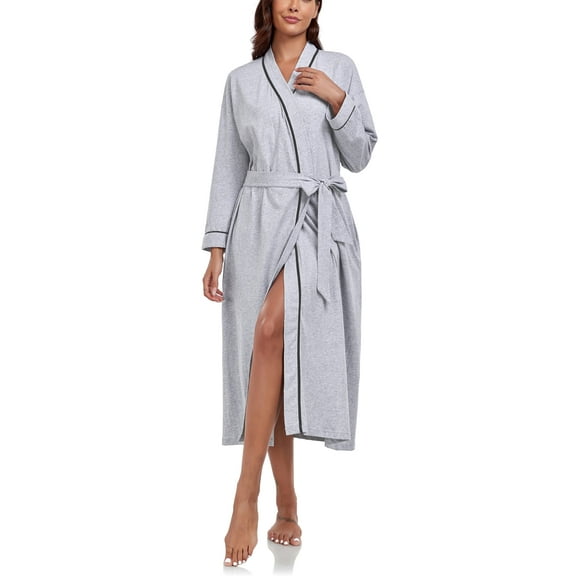 ANLIQI Women's 100% Cotton Robes Lightweight Long Bathrobe Kimono Robe for Women Soft Loungewear with Pockets (Grey,Small)