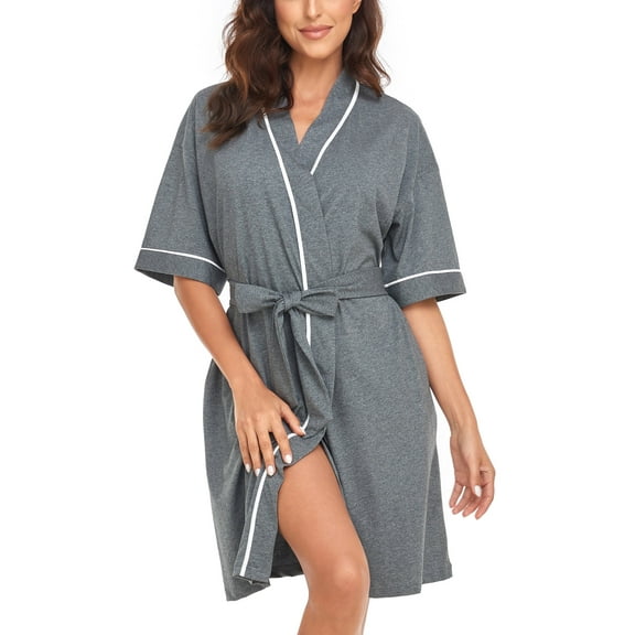 ANLIQI Women's 100% Cotton Robes Summer Short Sleeve Bathrobe Knee Length Sleepwear with Pockets (Dark Grey,S)