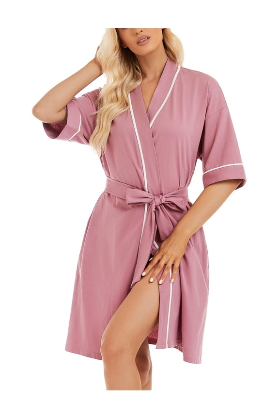 Women's 100% Cotton Robes Summer Short Sleeve Bathrobe Knee Length Sleepwear with Pockets (Dusty Rose,M)
