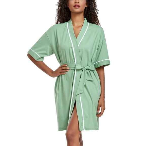 ANLIQI Women's 100% Cotton Robes Summer Short Sleeve Bathrobe Knee Length Sleepwear with Pockets (Sage Green,2XL)
