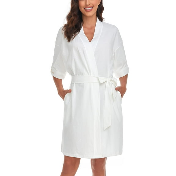 ANLIQI Women's 100% Cotton Robes Summer Short Sleeve Bathrobe Knee Length Sleepwear with Pockets(White,L)