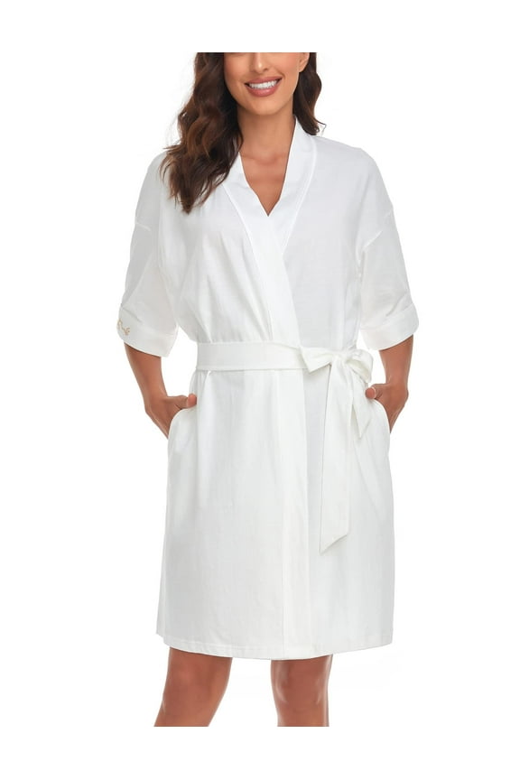 Women's 100% Cotton Robes Summer Short Sleeve Bathrobe Knee Length Sleepwear with Pockets(White,M)