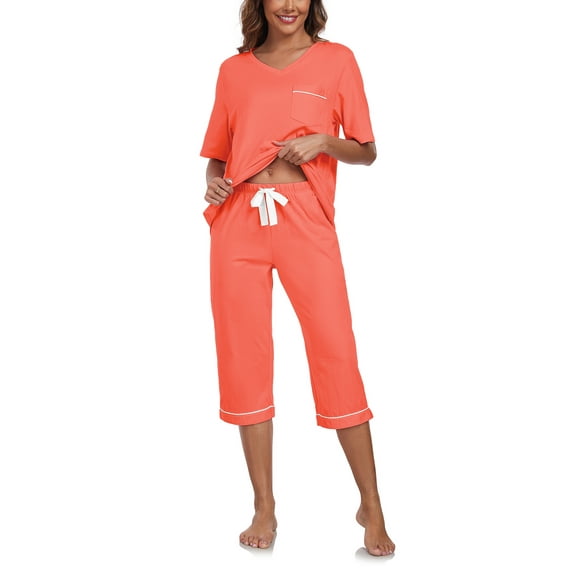 ANLIQI Women's Cotton Capri Pajama Sets Soft Short Sleeve Sleepwear with Pants Two-Piece Pjs with Pockets(Coral Orange, Large)
