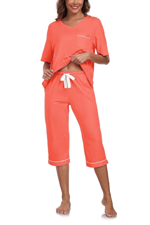Women's Cotton Capri Pajama Sets Soft Short Sleeve Sleepwear with Pants Two-Piece Pjs with Pockets(Coral Orange, Medium)