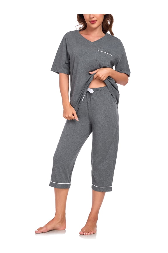 Women's Cotton Capri Pajama Sets Soft Short Sleeve Sleepwear with Pants Two-Piece Pjs with Pockets(Dack Gray, Large)