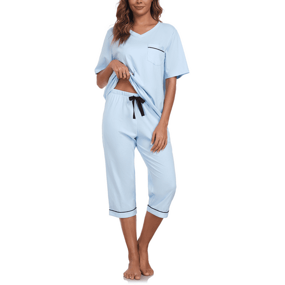 ANLIQI Women's Cotton Capri Pajama Sets Soft Short Sleeve Sleepwear with Pants Two-Piece Pjs with Pockets(Light Blue, Large)