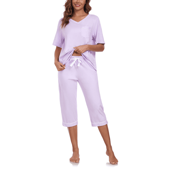 ANLIQI Women's Cotton Capri Pajama Sets Soft Short Sleeve Sleepwear with Pants Two-Piece Pjs with Pockets(Light Purple, Small)