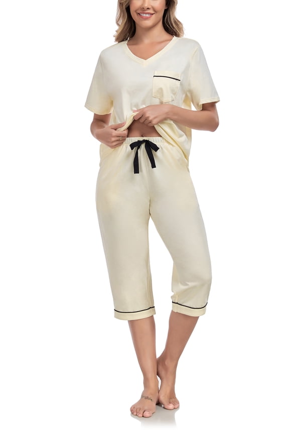 Women's Cotton Capri Pajama Sets Soft Short Sleeve Sleepwear with Pants Two-Piece Pjs with Pockets(Tan, Large)