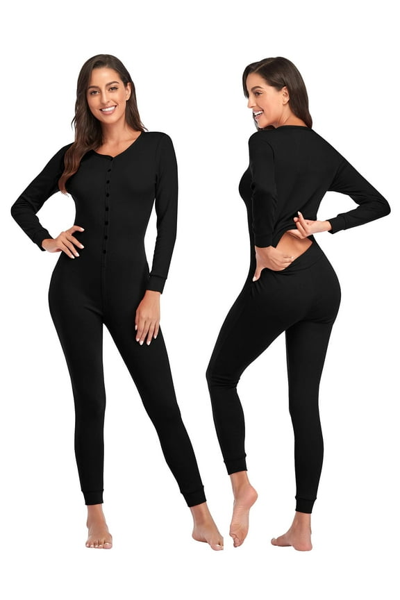 Women's Cotton Thermal Underwear Union Suits Long Henley Onesies Base Layer(Black,L)