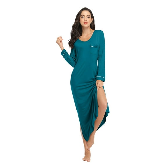 ANLIQI Women's Nightgowns & Sleepshirts Full Length Casual Loungewear Long Sleeve V Neck Sleep Dress with Pockets(Lake Blue,2XL)