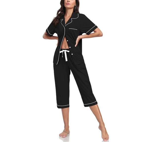 ANLIQI Women's Pajama Sets 100% Cotton Summer Short Sleeve Capri Pajamas for Women Set Button Down Pjs Soft Sleepwear(Black,M)