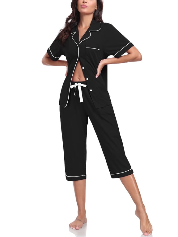 Women's Pajama Sets 100% Cotton Summer Short Sleeve Capri Pajamas for Women Set Button Down Pjs Soft Sleepwear(Black,XL)