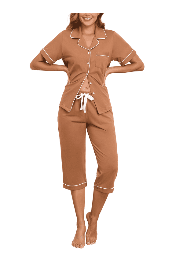 Women's Pajama Sets 100% Cotton Summer Short Sleeve Capri Pajamas for Women Set Button Down Pjs Soft Sleepwear(Brown,S)
