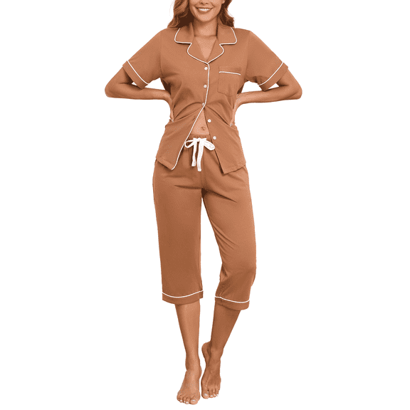 ANLIQI Women's Pajama Sets 100% Cotton Summer Short Sleeve Capri Pajamas for Women Set Button Down Pjs Soft Sleepwear(Brown,XL)