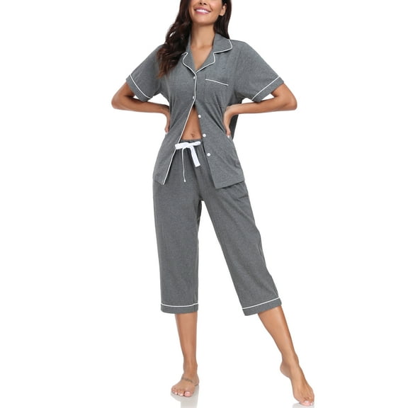 ANLIQI Women's Pajama Sets 100% Cotton Summer Short Sleeve Capri Pajamas for Women Set Button Down Pjs Soft Sleepwear(Deep Grey,M)