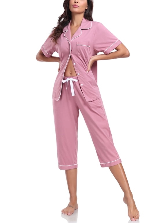 Women's Pajama Sets 100% Cotton Summer Short Sleeve Capri Pajamas for Women Set Button Down Pjs Soft Sleepwear(Dust Rose,2XL)