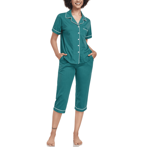 ANLIQI Women's Pajama Sets 100% Cotton Summer Short Sleeve Capri Pajamas for Women Set Button Down Pjs Soft Sleepwear(Green,2XL)