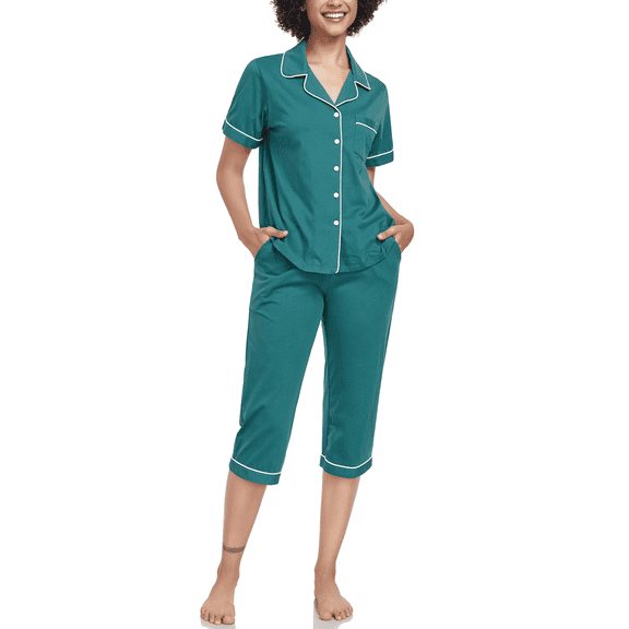 ANLIQI Women's Pajama Sets 100% Cotton Summer Short Sleeve Capri Pajamas for Women Set Button Down Pjs Soft Sleepwear(Green,S)