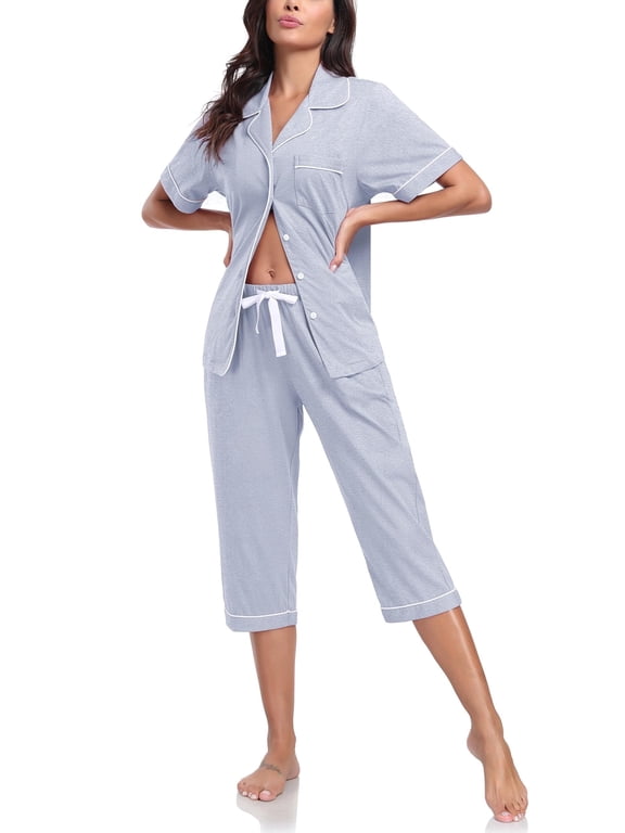 Women's Pajama Sets 100% Cotton Summer Short Sleeve Capri Pajamas for Women Set Button Down Pjs Soft Sleepwear(Grey,2XL)