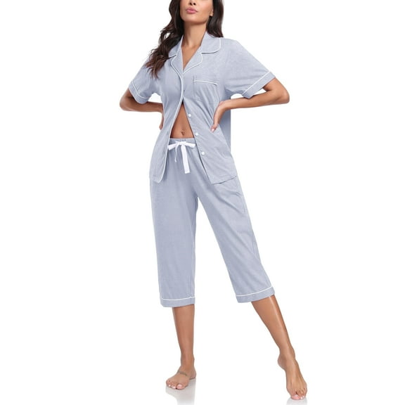 ANLIQI Women's Pajama Sets 100% Cotton Summer Short Sleeve Capri Pajamas for Women Set Button Down Pjs Soft Sleepwear(Grey,S)